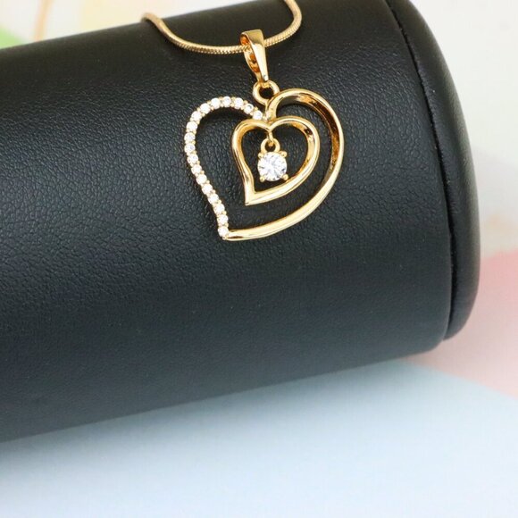 "Elegant Rose Gold Double Heart Pendant with Dangling CZ Stone, XPPT1378 - Picture 4 of 13